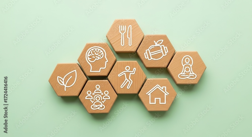 Fototapeta premium Wellness concept with icons on wooden hexagons against a light g