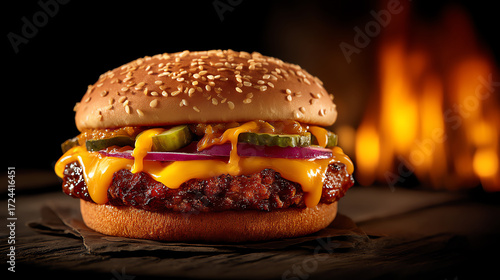 Juicy cheeseburger with melted cheddar, pickles, and red onions on a sesame seed bun, set against a warm, rustic background with a fiery glow