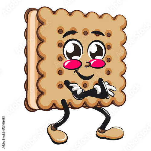 cute square biscuit sandwich mascot character vector illustration folding his arms calmly, work of hand drawn