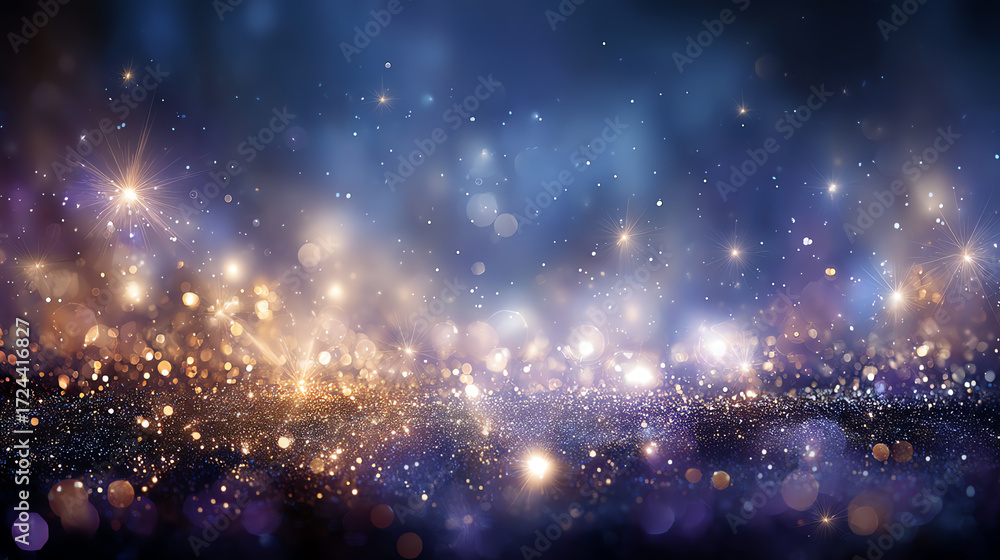 Obraz premium A sparkling, glittery background with golden and blue bokeh lights creating a magical, festive, and dreamy atmosphere