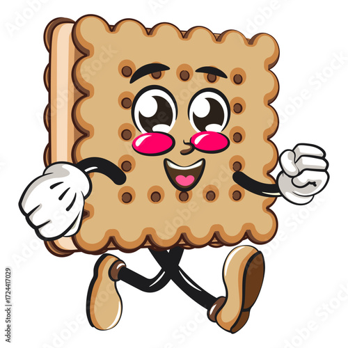 cute square biscuit sandwich mascot character vector illustration walking, work of hand drawn