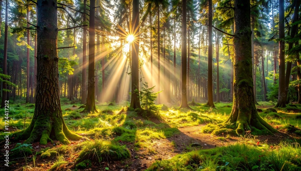 Obraz premium Sunlight streams through a lush forest