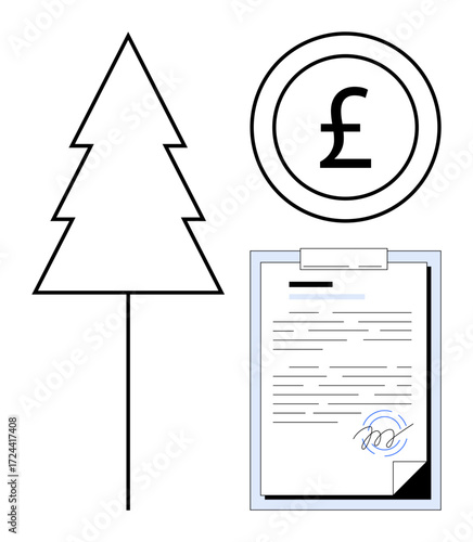 Evergreen tree, pound currency icon, and signed document. Ideal for ecology, finance, contracts, sustainability, environmental policies, corporate responsibility simple flat metaphor