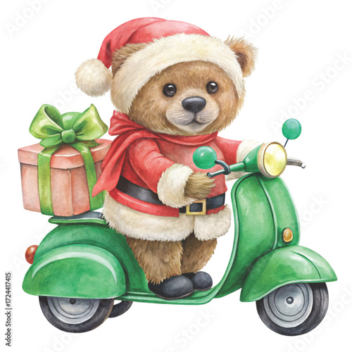 Cute chubby bear with Santa costume and sunglasses Drive a Vespa and deliver a gift clipart watercolor white background
