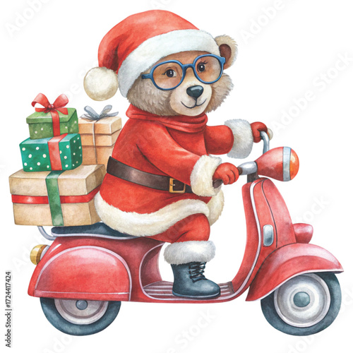 Cute chubby bear with Santa costume and sunglasses Drive a Vespa and deliver a gift clipart watercolor white background
