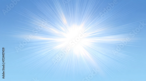 Bright sun with radiant beams shining in a clear blue sky, symbolizing daylight, warmth, energy, and a sunny atmosphere on a cloudless day