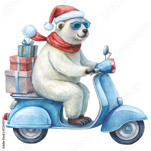 Cute chubby bear with Santa costume and sunglasses Drive a Vespa and deliver a gift clipart watercolor white background
