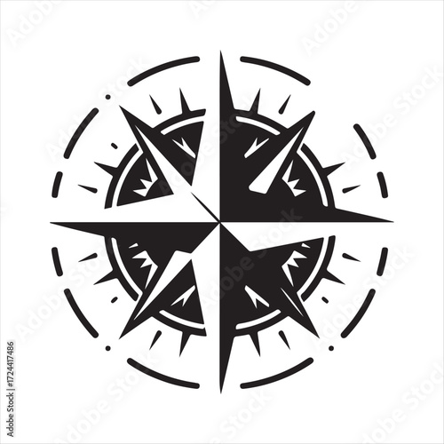 Compass rose with footsteps leading into horizon vector silhouette outline logo design concept illustration