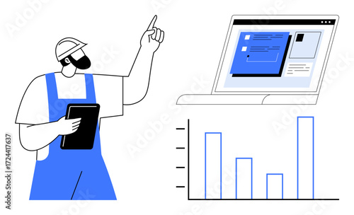 Worker in hard hat holding clipboard, analyzing bar chart on laptop screen. Ideal for business, construction, productivity, technology, data analysis, growth teamwork. Simple flat metaphor