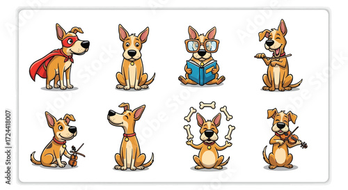 Cartoon dogs in various poses and activities including reading and playing instruments in a grid layout