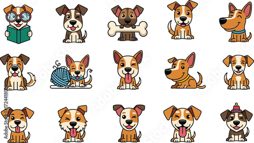 A collection of cartoon dog illustrations in various poses and with different accessories on a white background
