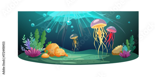 Colorful jellyfish and seaweed under sunlit ocean surface with bubbles
