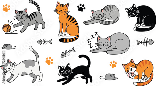 Various cartoon cats in different poses with mice fishbones and paw prints on a white background