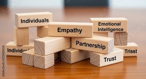 Wooden Blocks Stacked with Empathy, Trust, Partnership, and Emot