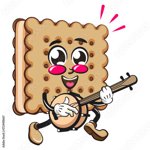 cute square biscuit sandwich mascot character vector illustration playing the banjo musical instrumen, work of hand drawn
