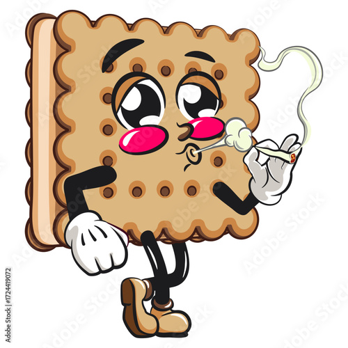 cute square biscuit sandwich mascot character vector illustration smoke calmly, work of hand drawn