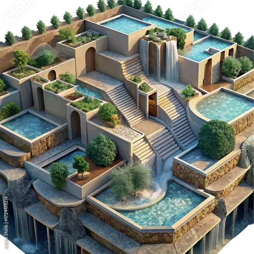 The Wonder of Ancient Gardens: A visual representation of a majestic garden, with meticulously crafted levels adorned with sparkling pools, cascading waterfalls, verdant flora.