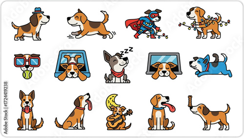 Collection of cartoon dogs in various poses and activities on a white background illustration