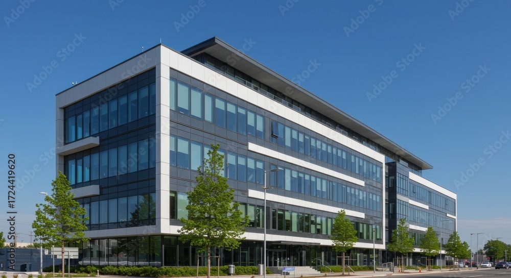 Obraz premium Modern Office Building with Glass Windows and Clean Architectural Design