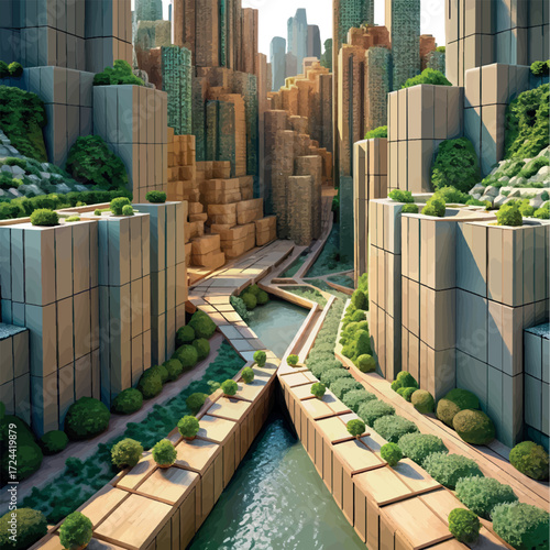 Modern Metropolis: A futuristic city emerges, with tall, sleek buildings connected by elevated walkways, all interwoven with lush greenery, embodying the vision of sustainable living and urban design.
