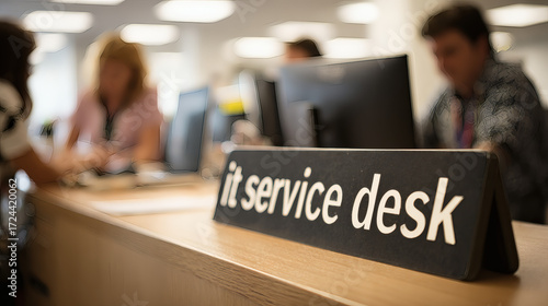 Information technology assistance center displaying IT Service Desk sign, delivering online support.
