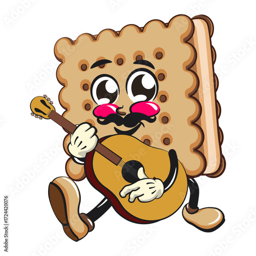cute square biscuit sandwich mascot character vector illustration have moustache playing guitar, work of hand drawn