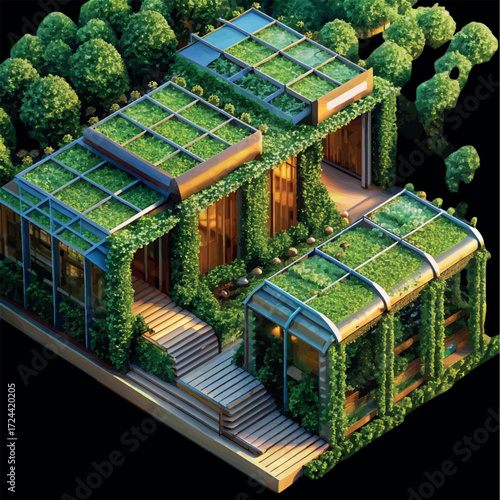 Eco-Friendly Abode: Envision a sustainable dwelling enveloped in lush greenery, its architecture seamlessly integrating nature and innovation.