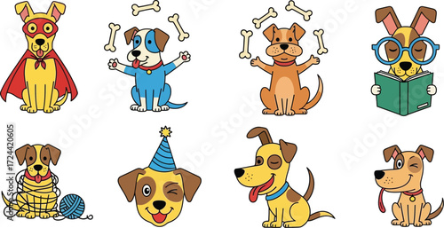Cartoon dogs in various poses and costumes including superhero birthday and reading on a white background