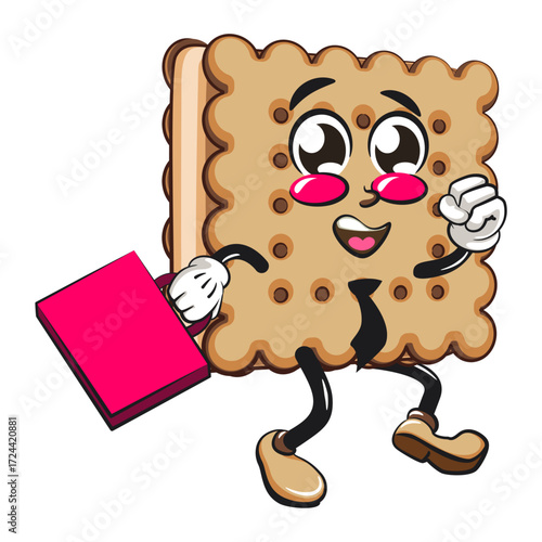cute square biscuit sandwich mascot character vector illustration wearing a tie and carrying a suitcase rushing to the office, work of hand drawn