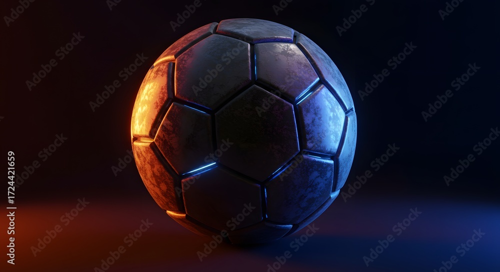 Fototapeta premium Soccer Ball in Dramatic Lighting: A vintage soccer ball, meticulously rendered, bathed in a mesmerizing interplay of dramatic orange and blue light, hinting at the energy of a game.