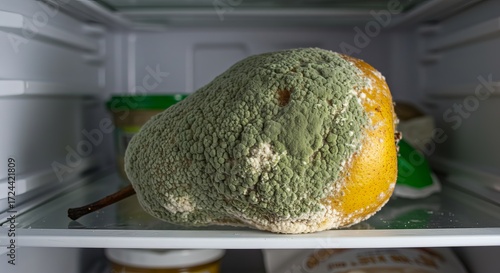 Moldy pear gone bad in fridge shows food spoilage and unhealthy waste