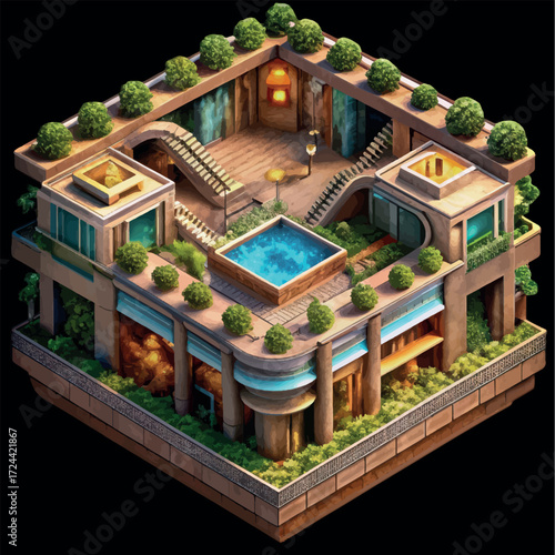 Isometric Garden Oasis: An architectural marvel with a serene pool, lush greenery, and intricate design, showcasing an inviting rooftop garden sanctuary.