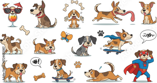 A cartoon illustration featuring various dogs in different poses and activities on a light background