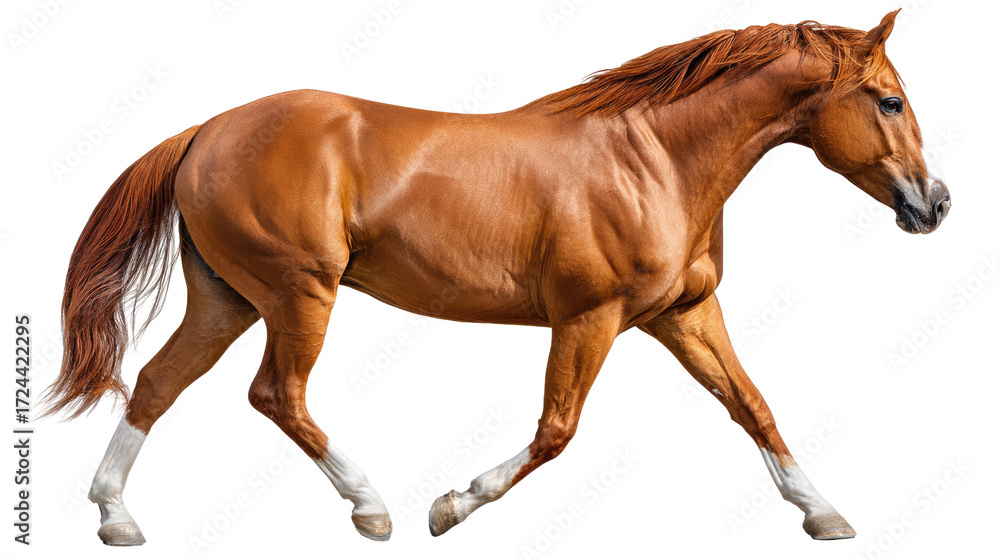 Obraz premium Majestic Horse on a Gentle Stroll: A stunning chestnut horse moves with grace and poise, its strong form highlighted against a subtle backdrop, embodying strength and elegance.