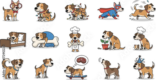 Collection of cartoon dogs in various poses and activities on a white background illustration style