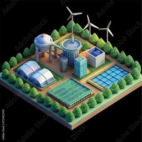 Sustainable Power and Technology: An isometric illustration depicts a sustainable city or complex powered by renewable resources and innovative technologies.