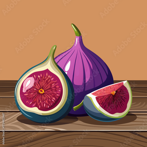 Two fresh purple figs, one whole and one cut open to reveal the red flesh and seeds, on a rustic wooden table. Soft natural light, delicate skin, sweet fruit, Mediterranean concept.
