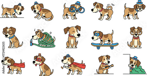 Various cartoon dogs in different poses and outfits against a white background illustration art