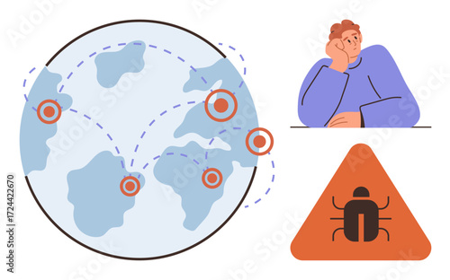 World map with digital connection lines, triangulated hazard sign with bug, thoughtful person. Ideal for technology, cybersecurity, threat analysis, global connection, problem-solving, caution