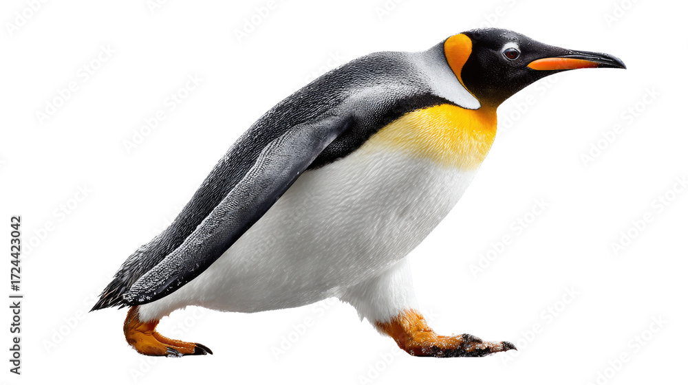 Fototapeta premium Elegant King Penguin on the Move: An elegant king penguin strides gracefully, showcasing its distinctive coloration. A testament to the wonders of the animal kingdom