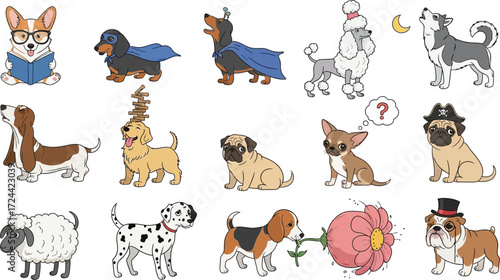 Collection of cartoon dogs in various poses and costumes against a white background isolated