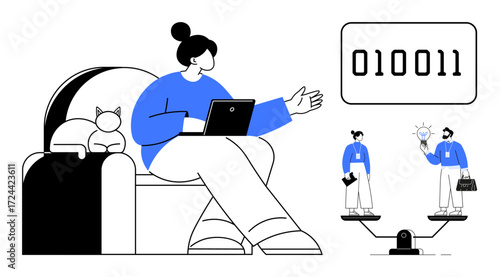 Woman with laptop studying binary data, seated next to a cat, observes miniature professionals balancing ideas versus business on scales. Ideal for data analysis, decision-making, balance, work-life