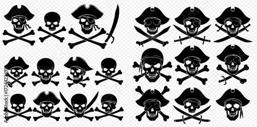 Collection of pirate skull and crossbones variations in black silhouette.