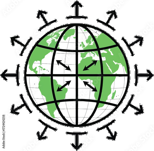 Global reach and worldwide connection shown by arrows surrounding the green earth, perfect for business expansion and international partnerships today