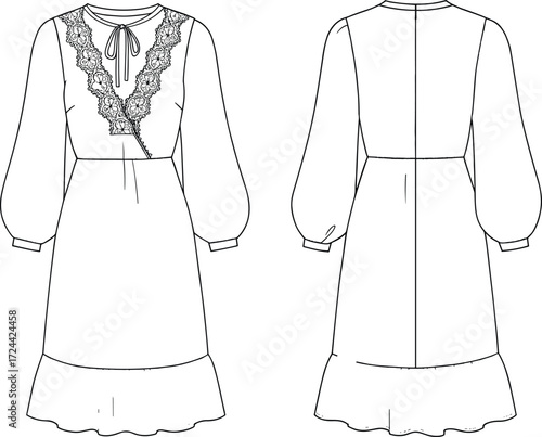 PrintFashion flat sketch, technical drawing of a women's vintage dress with a ruffled collar, lace detail, and long puff sleeves. Vector illustration for apparel and design.