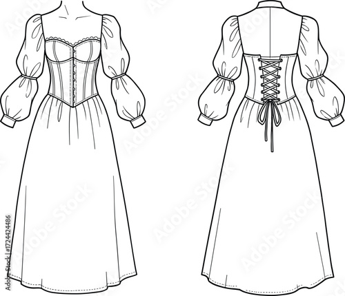Fashion flat sketch, technical drawing of a women's vintage-style corset dress with puff sleeves and lace-up back. Vector illustration for apparel and design.