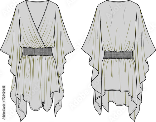 CAD drawing of a fashionable women's wrap blouse with an elastic waist and flared sleeves, perfect for summer style.