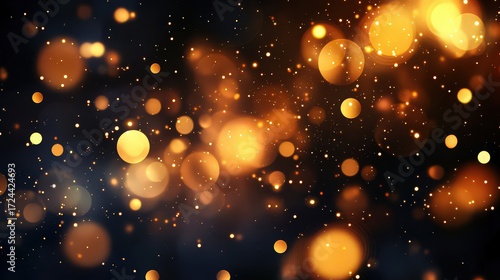 A captivating display of golden bokeh lights floating in the darkness, creating a dreamy and ethereal atmosphere with blurred circles and shimmering particles