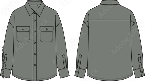 a men's unisex gray oversized long-sleeve shacket, featuring two chest pockets, a versatile outerwear garment.