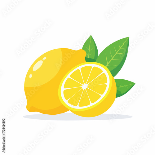 Yellow Lemon with Cut Slice and Green Leaves